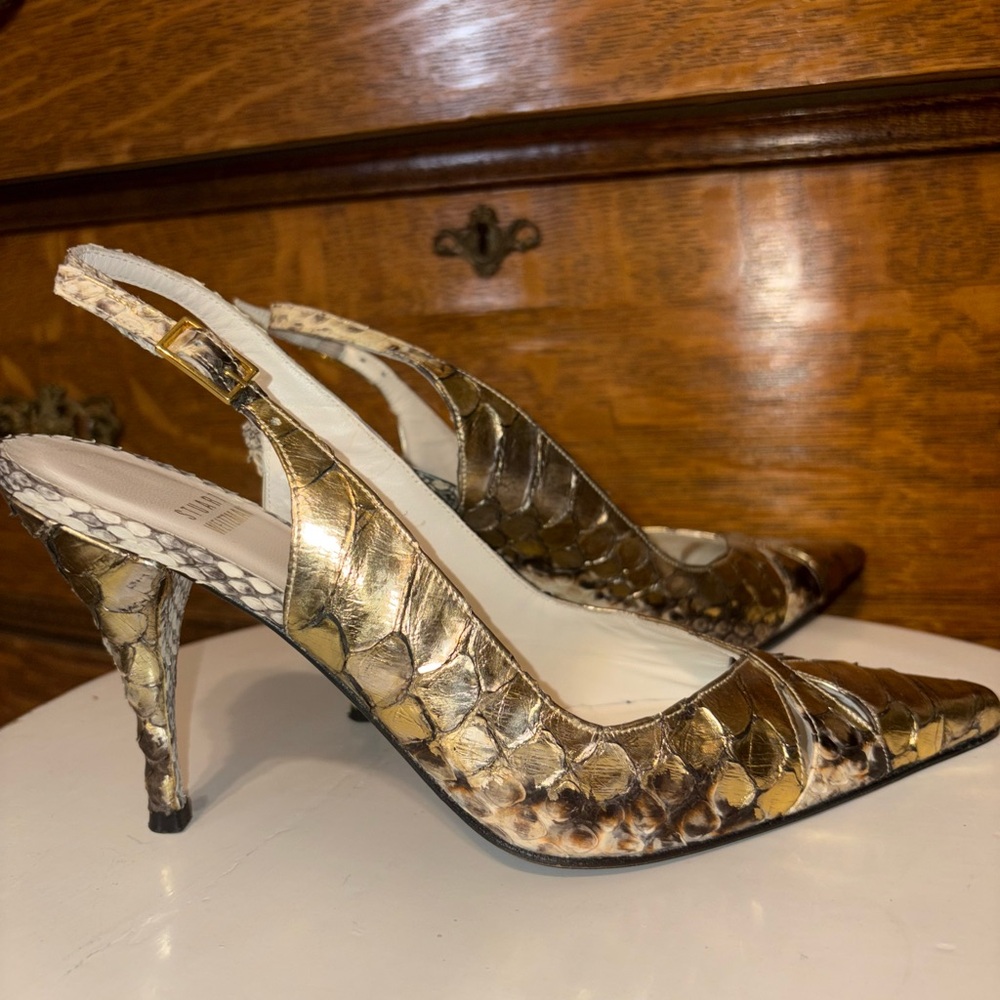 Stuart Weitzman Metallic Python Slingback Heels 6… - image 1